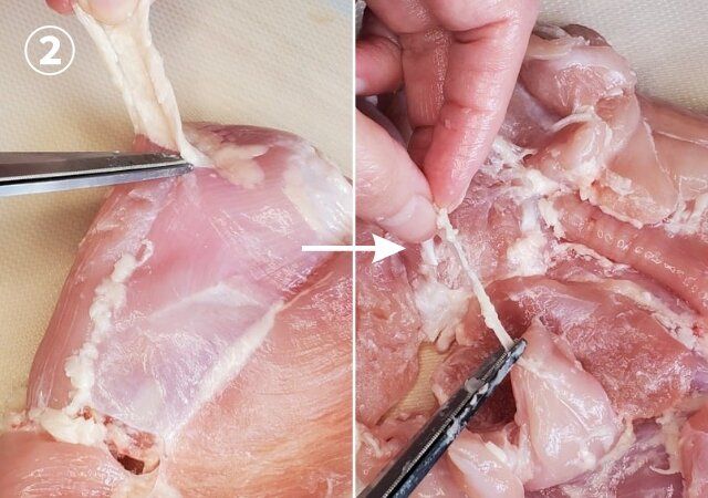 ② キッチンバサミで黄色っぽい脂肪を取り除く