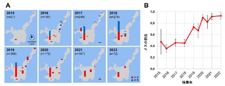 A：各年の採集地点ごとの性比、 B：各年に採集した全個体に占めるメスの割合