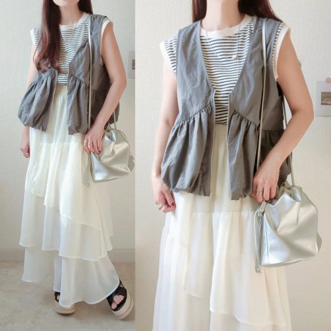 しまむらのグレーの「ナイロンベスト」×アシンメトリーフリルティアードスカート