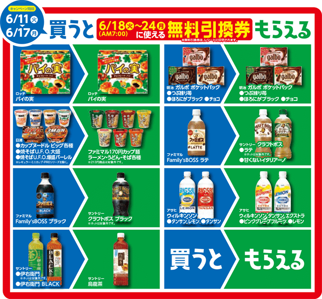 「1個買うと、1個もらえる」キャンペーン 6月11日(火)～17日(月)対象商品