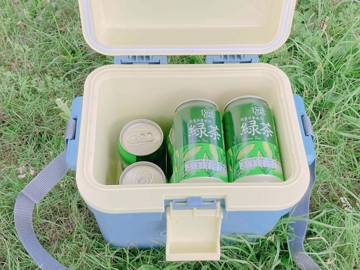 3COINSのクーラーボックスに350mLの缶を8本入れた様子