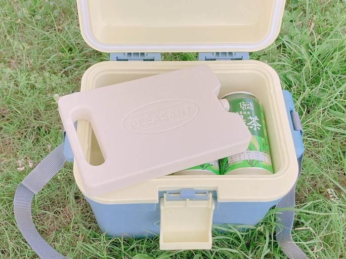 3COINSのクーラーボックスに350mLの缶を9本入れ保冷剤を入れた様子