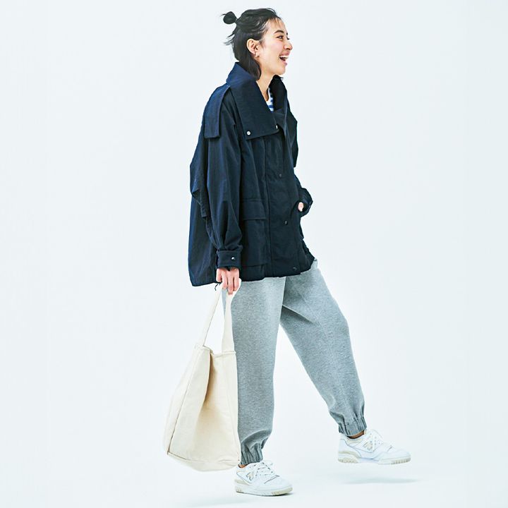 最高気温20度の服装例：トレンチ風『キレイめブルゾン』がスウェットコーデをオシャレに