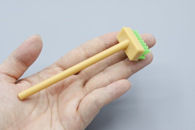 キャンドゥのmini おそうじデッキブラシを手に乗せた様子