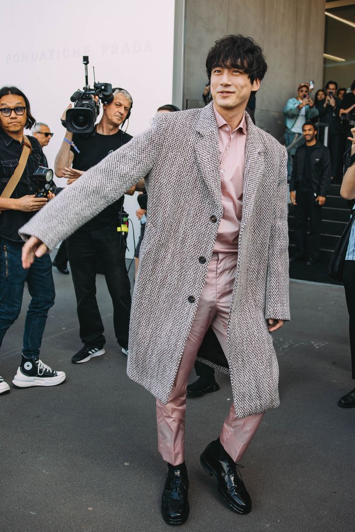 Image may contain_ Kentaro Sakaguchi, Person, Clothing, Footwear, Shoe, Accessories, Glasses, Adult, Coat, Bag, and Handbag