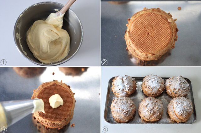 シュー生地にカスタードクリームを詰める