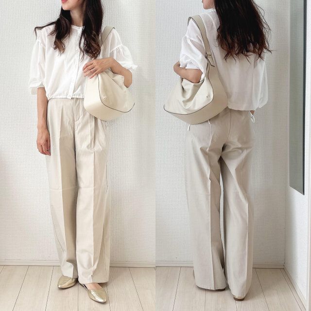 GUリネンブレンドタックワイドパンツとボリュームブラウスコーデ