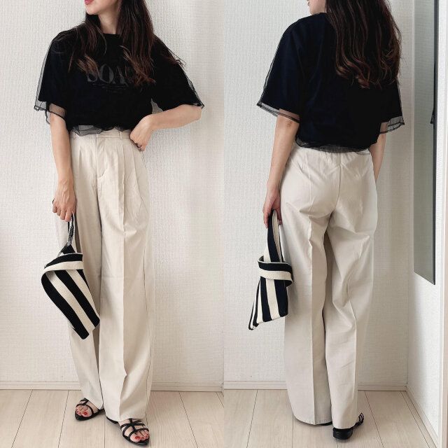 GUリネンブレンドタックワイドパンツとチュールTシャツコーデ