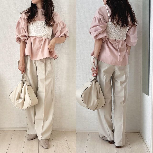 GUリネンブレンドタックワイドパンツとブラウスビスチェコーデ