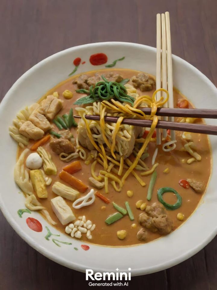 味噌ラーメンの麺を箸で持ち上げる様子を「Remini（レミニ）」で粘土加工した写真
