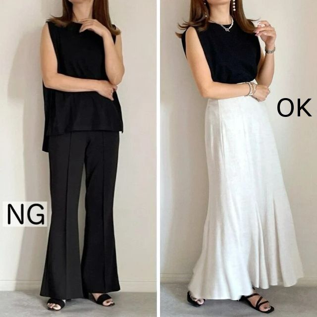 大人女子のノースリーブ黒Tコーデ