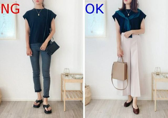 大人女子のフレンチスリーブ黒Tコーデ