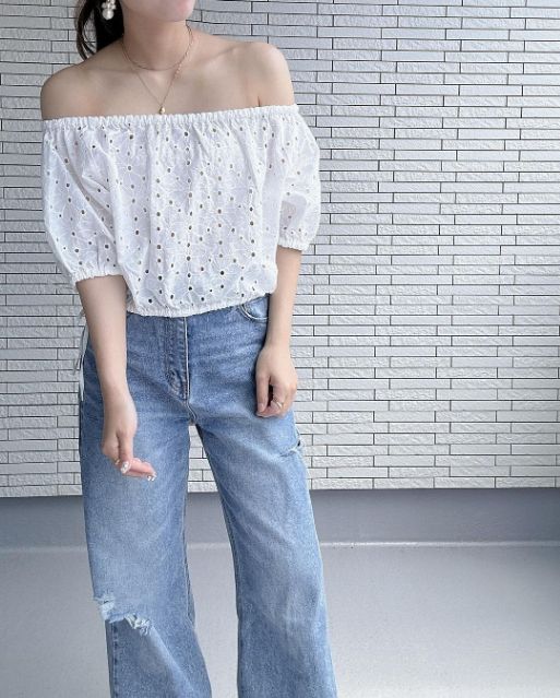 コットンレースクロップドブラウスを着たコーデ