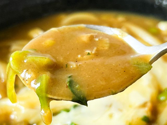 スプーンですくったカレーうどんスープ