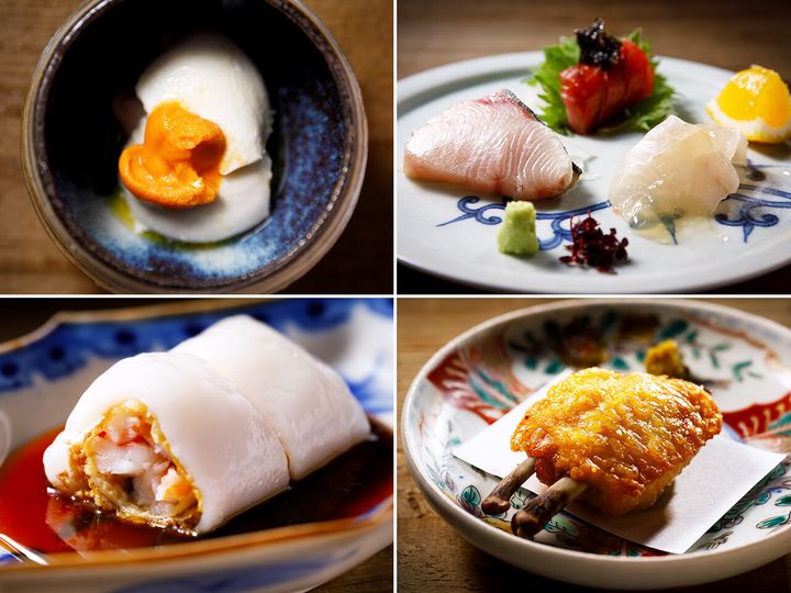 高円寺『高円寺 動悸』の「カリフラワーのムースと生雲丹」、「お造り」、「大山地どりの一夜干し唐揚げ」、「腸粉」