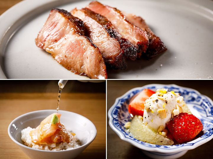 高円寺『高円寺 動悸』の「イベリコ豚の炭火焼き」、「栃木県産苺とグレープフルーツ トマトの白和え」、「鯛茶漬け」
