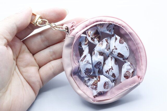 ダイソー 推しポーチ、バッグチャームポーチ（ピンク） 使用例 普段使い