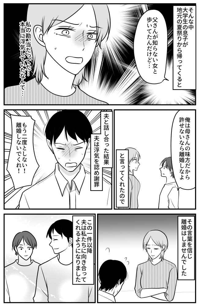 「父さんが知らない女と歩いていた」息子からまさかの密告⇒休日出勤だと話す夫を問い詰めると？