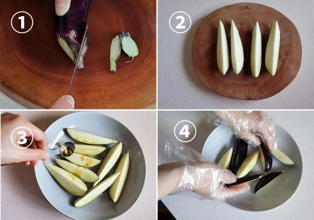 なすはヘタをそぎ、縦4等分に切る。 耐熱皿になすを入れ、ごま油を均一にまぶす。