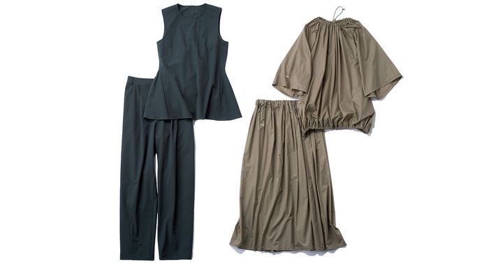 アルページュストーリー のペプラムトップスとパンツの黒セットアップとハイクのタフタ素材のスカートセットアップ