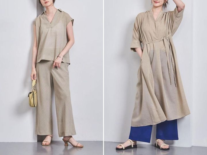 画像: 左「ASAMI スキッパー ブラウス」￥17,600、「ASAMI バイアス イージーパンツ」￥18,700、右「ASAMI ドルマン スキッパー ワンピース」￥25,300、「ASAMI バイアス イージーパンツ」￥18,700 出典：ユナイテッドアローズ
