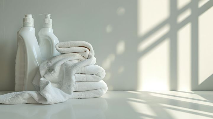 Abstract minimalistic light background featuring white stacked jars of towels.