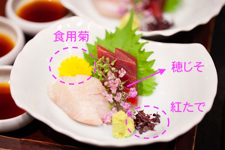 ▲「穂じそ」「紅たで」「食用菊」は、高級感がアップする「つま」といえそう。