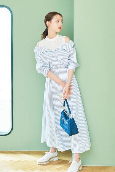 爽やか配色のシャツワンピコーデ