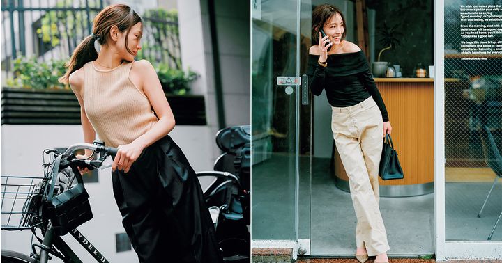 ベージュタンクトップと黒パンツコーデ、黒のオフショルトップスとベージュパンツコーデの読者モデル永山里絵さん