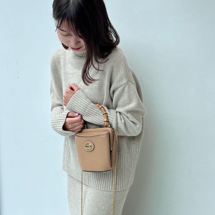 異素材バッグを持った女性