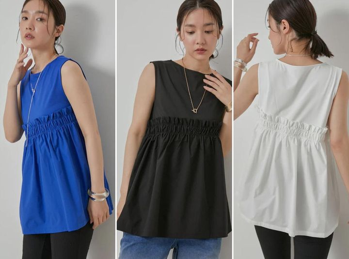 画像: 「ギャザードッキングノースリーブトップス」各￥11,000【ナージー】 出典：ナージー