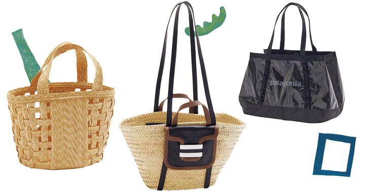 ラドローのストローバスケットとピエールアルディのラフィアバッグとパタゴニアのホール・トート