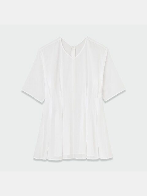 PLSTのコットンブレンドシアーペプラムブラウス