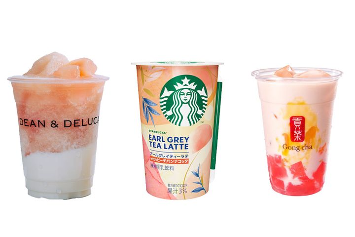 （写真・左）「白桃とローズヒップのフラッペ」、（写真・中）アールグレイティーラテ with ピーチパンナコッタ、（写真・右）ピチピチピーチ ミルクティー