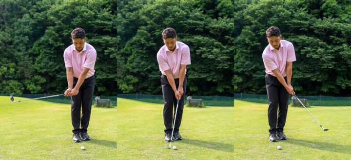 リキんでワッグルをする人は、なかなかいないと思います。脱力した状態でのワッグル素振りの力感は、「右手首支点」のアプローチの力感そのもの。リズムよく「スッ、スッ」とクラブを動かすことによってクラブヘッドがうまくリリースされ、バンスも効かせることができます。バンスが地面に当たればヘッドの滑りもよくなる。多少手前から入ってもソールが滑ってくれます。