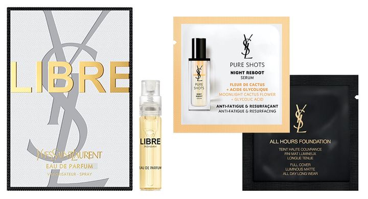 来場者全員にプレゼントする特別なサンプルセット。〈左から〉リブレ オーデパルファム 1.2ml、ピュアショット ナイト リチャージセラム 1ml、オールアワーズ リキッド LN4 1ml（すべて試供品）