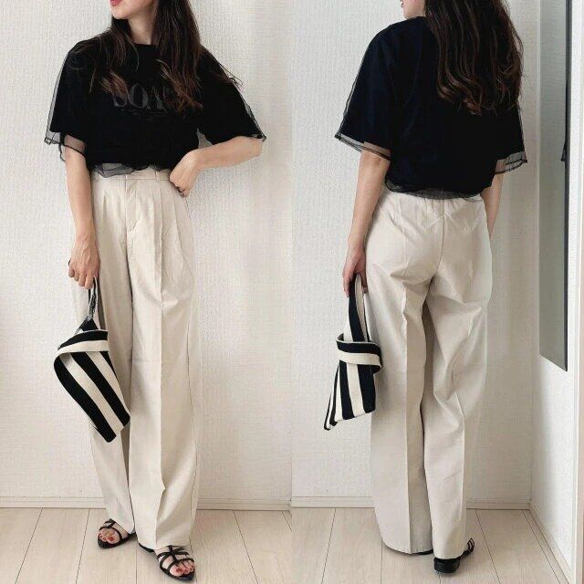 guリネンブレンドタックワイドパンツお手本コーデ