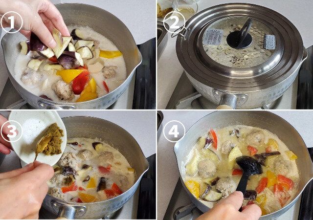 火を弱めの中火にし、しめじ以外の野菜を入れ蓋をして5分煮る。