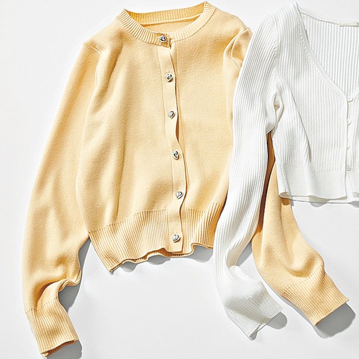 神戸レタスのボタンがハートになった黄色カーディガン