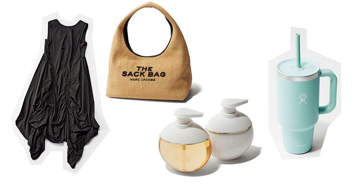 emmiの撥水黒ワンピとマークジェイコブスのラフィアバッグとディオールのシャワージェル＆ボディミルクとハイドロフラスクの保冷タンブラー