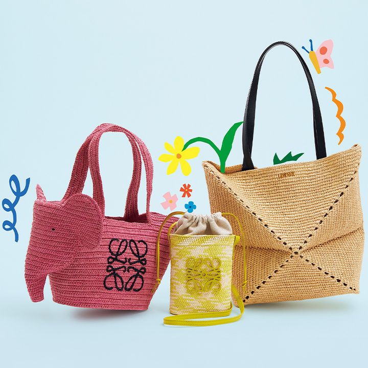 ロエベの夏素材のエレファントバスケットバッグとアナグラムチェックスクエアポケットとパズルトート