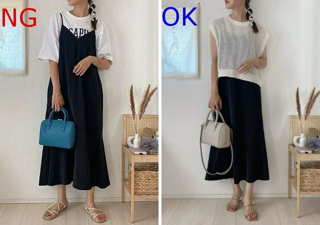 メッシュセーターと黒キャミワンピースの夏コーデ