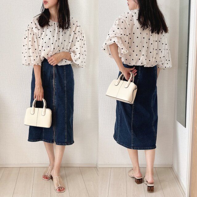 GUデニムフロントジップワンピースのスカート風コーデ