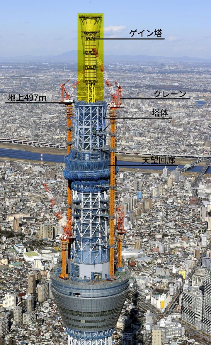 建設中の東京スカイツリー＝2011年1月17日、東京都墨田区で共同通信社ヘリから