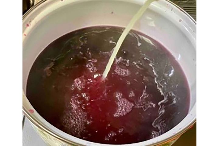 ▲レモン汁を加えた瞬間、煮汁のアントシアニンが酸と反応して鮮やかな赤色に！