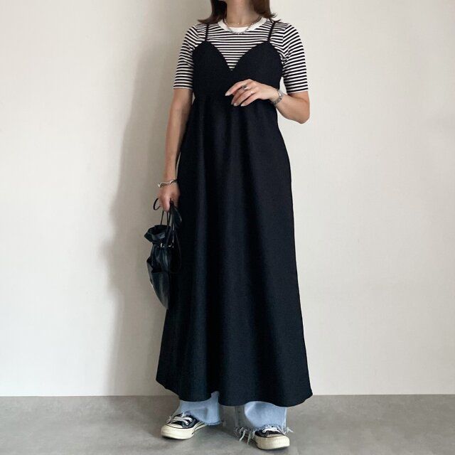 しまむらキャミワンピのブラックとボーダーTコーデ