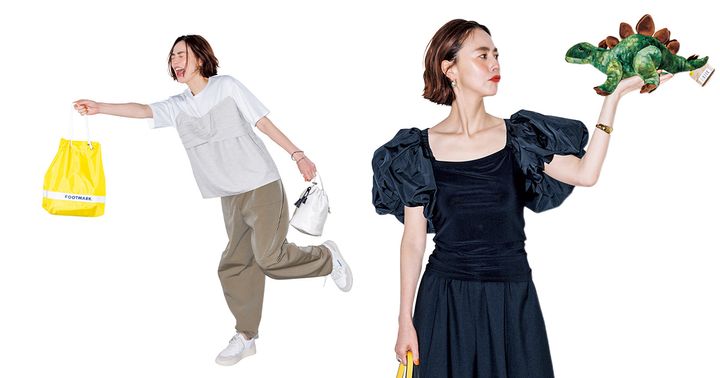 重ね着風Tシャツとボリューム袖Tシャツを着た浅見れいなさん