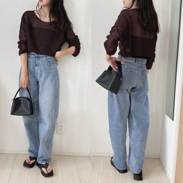 GU2ピースニットキャミソールワンピースのメッシュニットとデニムコーデ