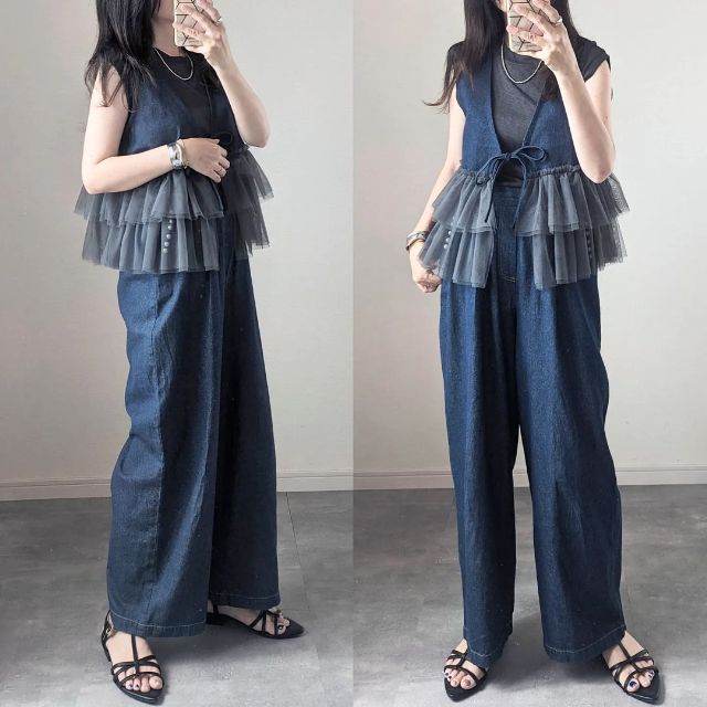 しまむらのデニムチュールフリルジレを着たコーデ