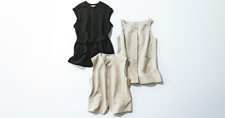 ラッピンノットのツイードジレとデミルクスビームスのキャミタイプのジレとエミのベージュベスト